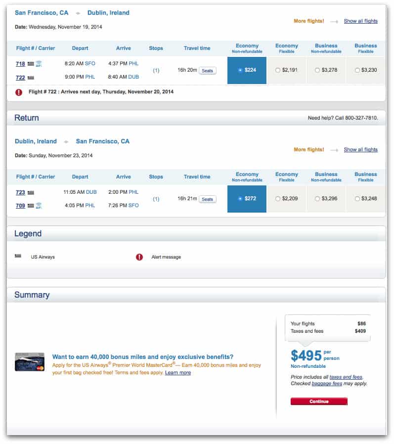 US Airways 舊金山飛都柏林來回機票 $495 。票價 $86,稅金 $409。 US Airways 舊金山飛都柏林來回機票 $495 。票價 $86,稅金 $409。