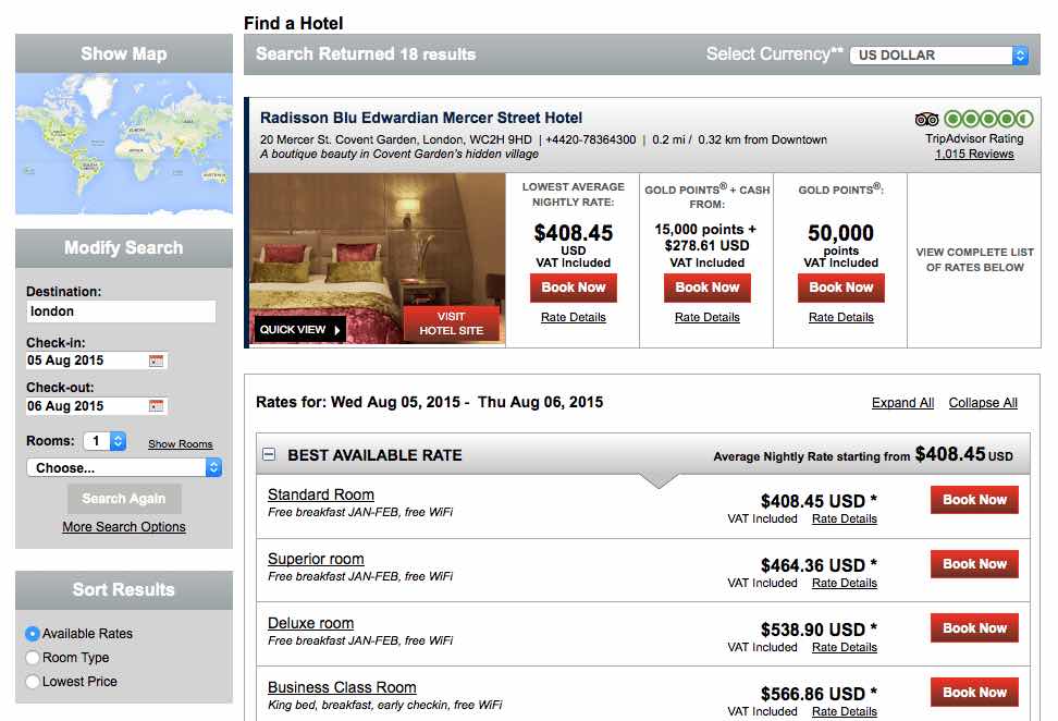 研究生找了今年暑假的房價。位於 Covent Garden 的 Radisson Blu 一晚超過美金 $400
