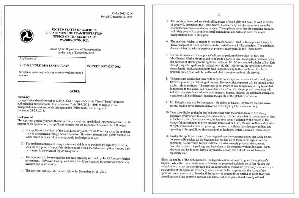 美國運輸部官網公告的核准飛行公文