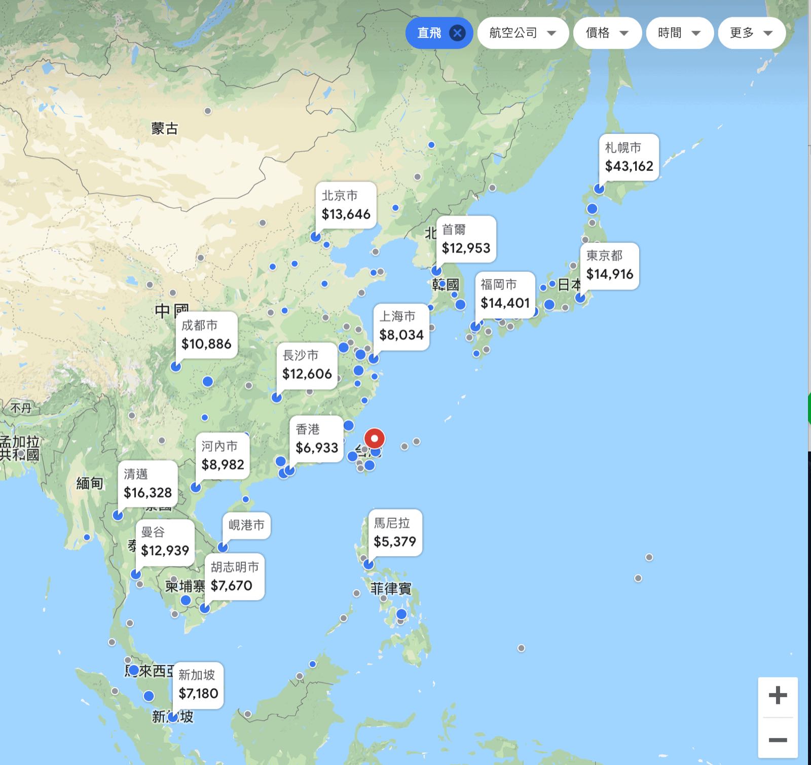 Google Flights 電腦搜尋結果，整個地圖顯示一目瞭然（研究生的點數旅行筆記）